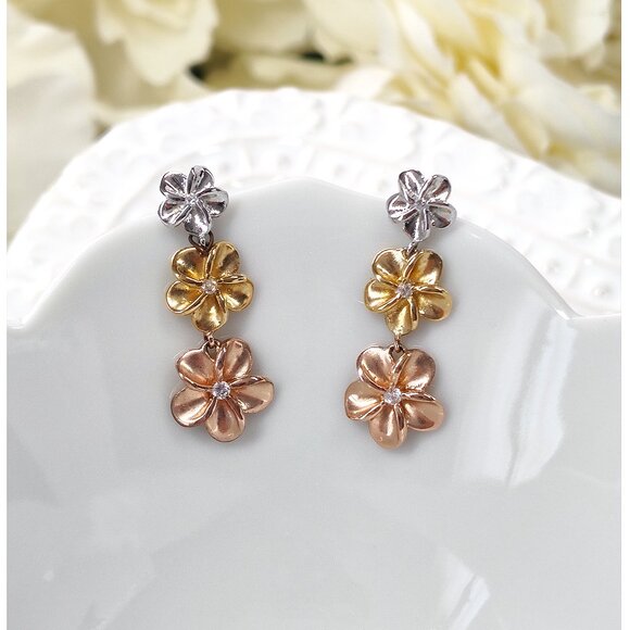Sterling Plumeria Flower Drop Earrings Post CZ Silver Rose Gold Tone Hawaiian - Picture 7 of 11